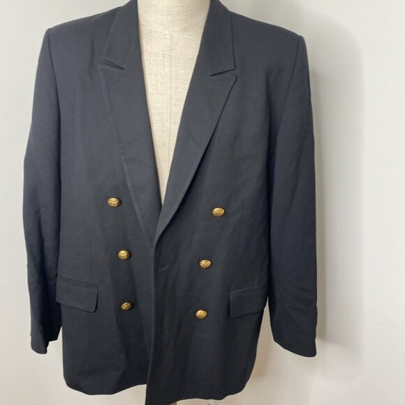 Talbots Black Worsted Wool Blazer 18 Double Breasted Gold Crest Buttons USA - Picture 7 of 8